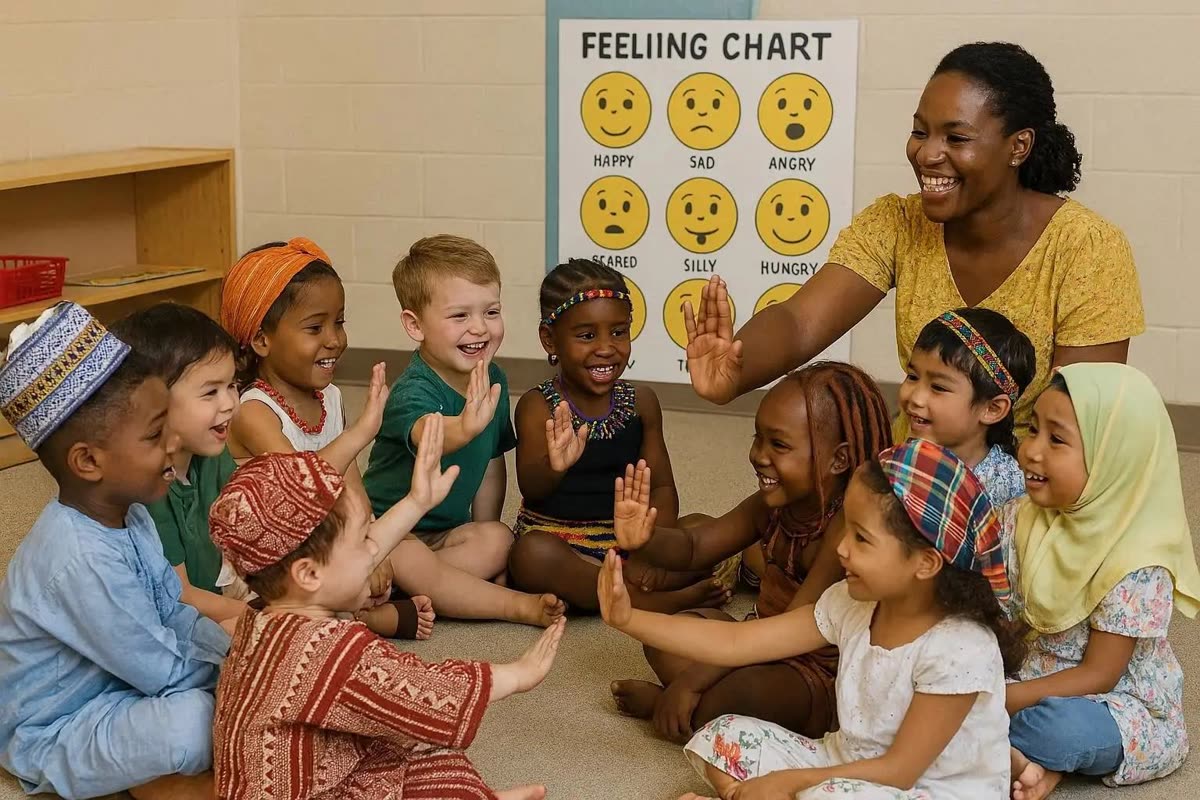 A teacher points to a feelings chart while children in a circle show their moods