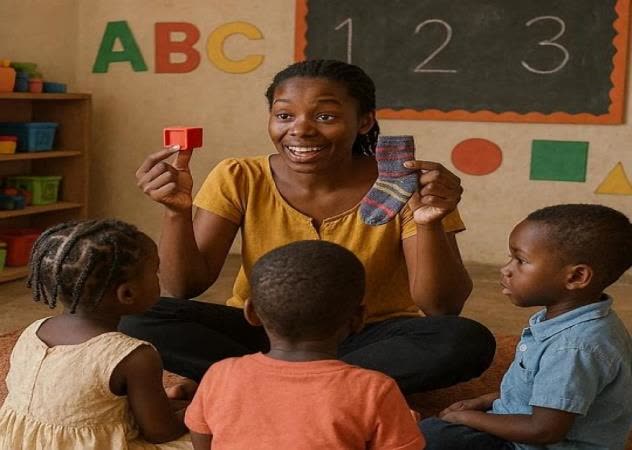 A teacher holds up counting objects in front of an ABC 123 board
