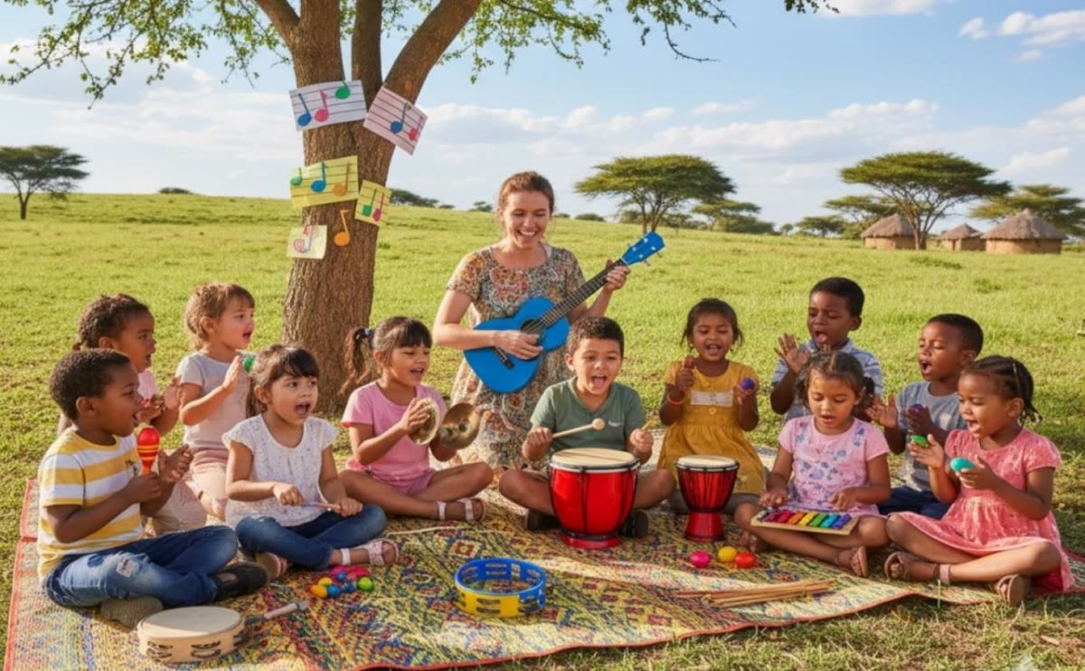 Children sing and play drums with their teacher under a tree