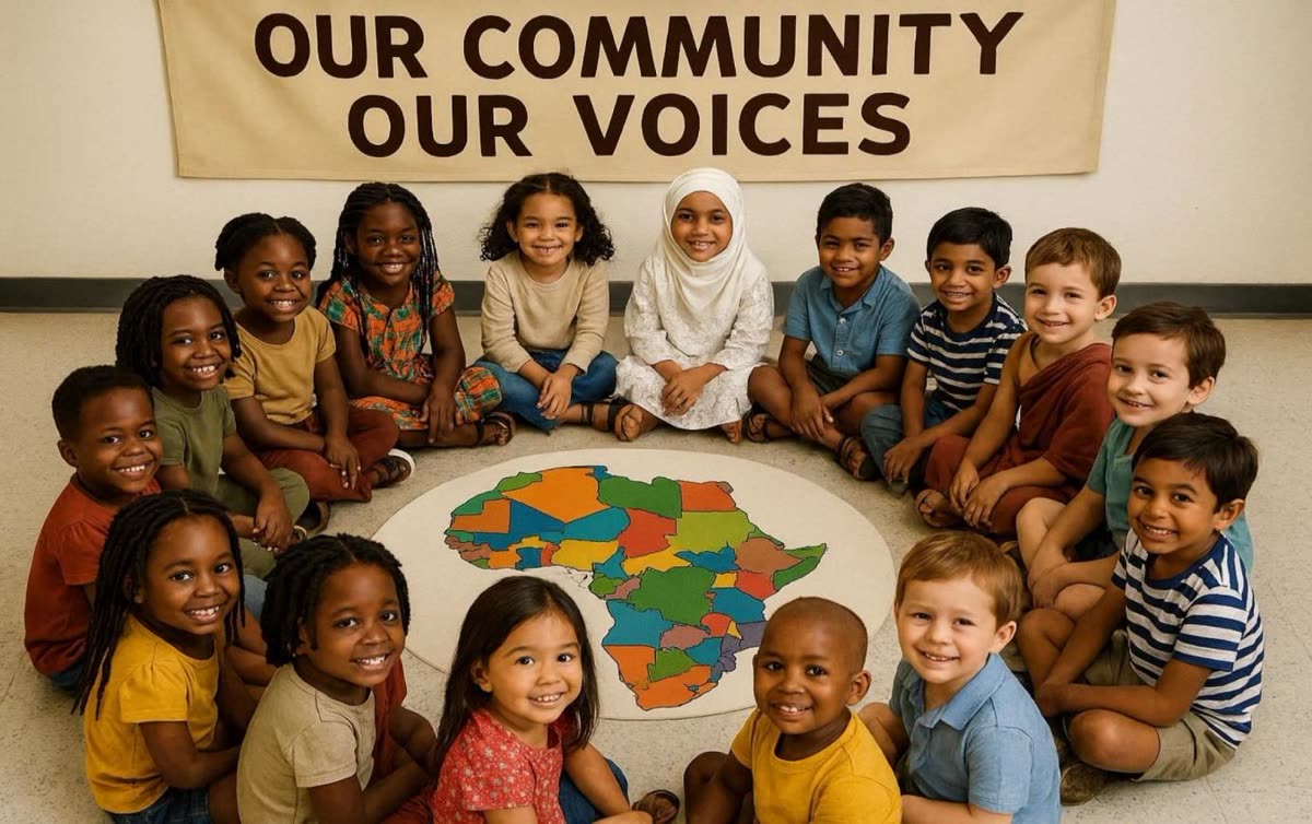 Children sit around an Africa map under a banner reading Our community, our voices