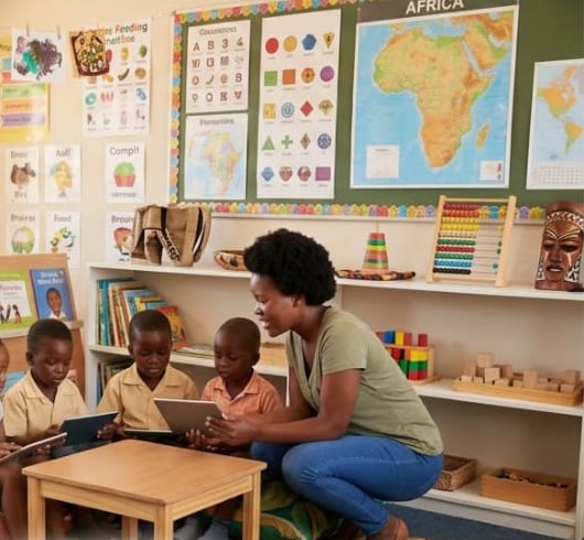 A teacher kneels beside four preschool children using tablets in a classroom with an Africa map, alphabet charts and kente cushions